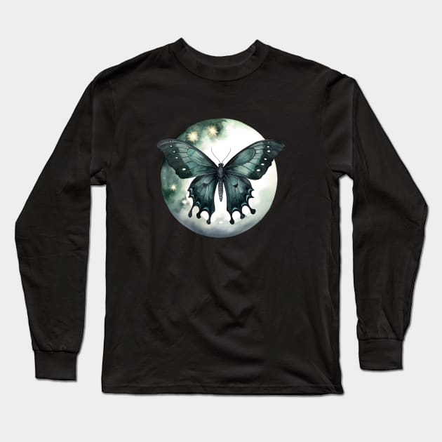 Mystic moth, Dark butterfly in front of the moon Long Sleeve T-Shirt by Mimeographics